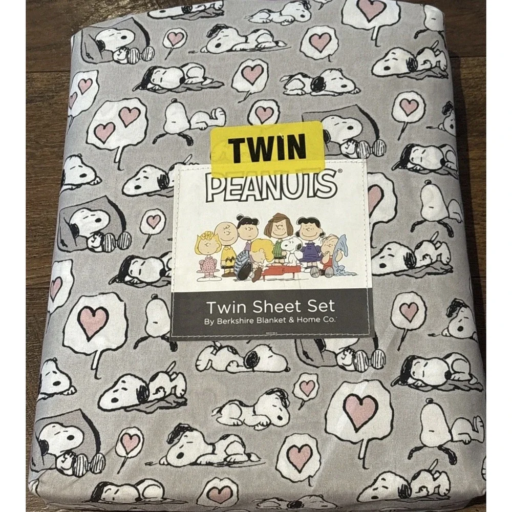 Berkshire Peanuts Valentines Day Gray White Twin Sheet Set Pink‎ Hearts New